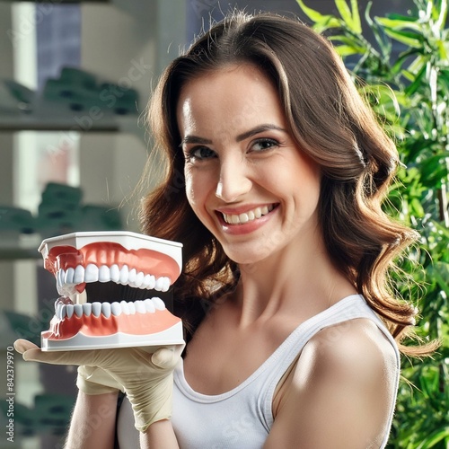 mujer sonriendo a la camara, sosteniendo un modelo de dentadura