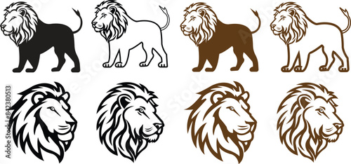 Royal flat king lions icons Set. Zoology illustration, majestic predator safari animals designs template. lions crown symbols collection. Premium luxury brand identity logos on transparent background.