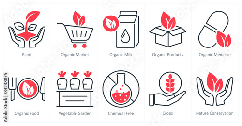 A set of 10 organic farming icons as plant, organic market, organic milk