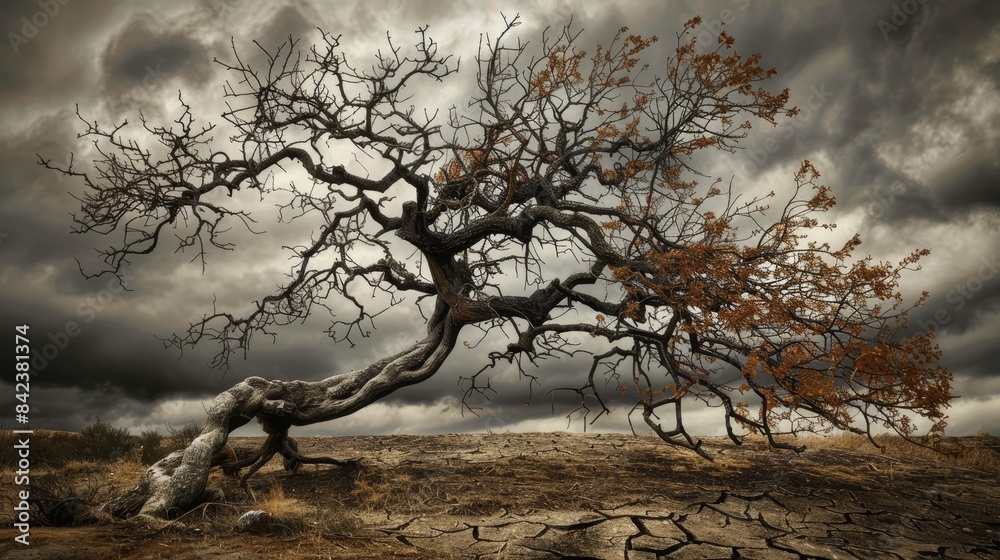 Fototapeta premium Twisted tree under an ominous stormy sky, branches contorted in unnatural shapes, dry, cracked earth below, creating menacing shadows