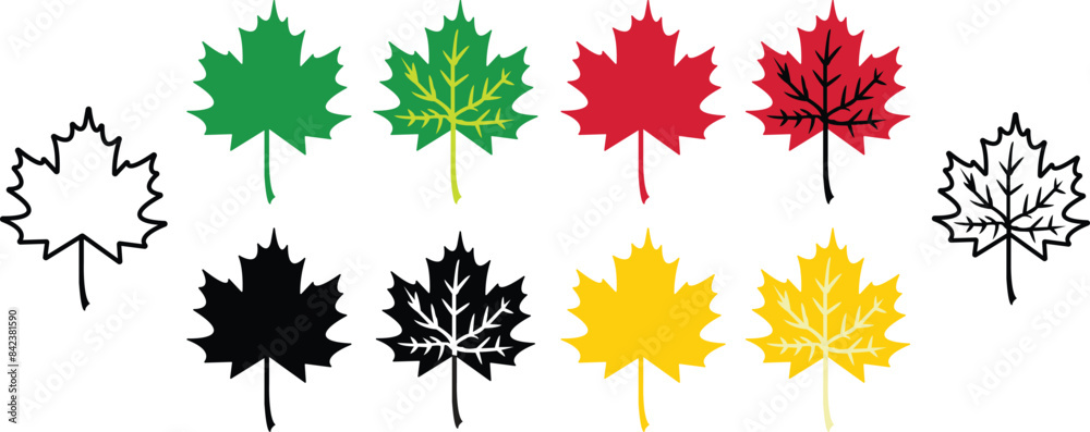 Set of different colors Flat Maple leaf shapes icons. Nature tree logos with editable stock. Forest and wood symbols. Contour drawing. Minimalist art. Canada icons isolated on transparent background. Set of different colors Flat Maple leaf shapes icons. Nature tree logos with editable stock. Forest and wood symbols. Contour drawing. Minimalist art. Canada icons isolated on transparent background.