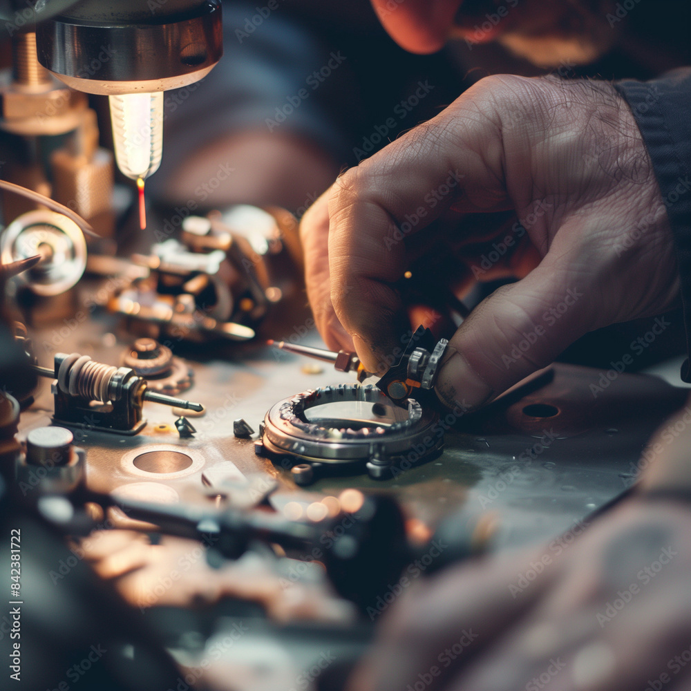 Skilled artisan meticulously working on intricate machinery parts, with focused lighting that emphasizes the precision and craftsmanship involved in the process Skilled artisan meticulously working on intricate machinery parts, with focused lighting that emphasizes the precision and craftsmanship involved in the process