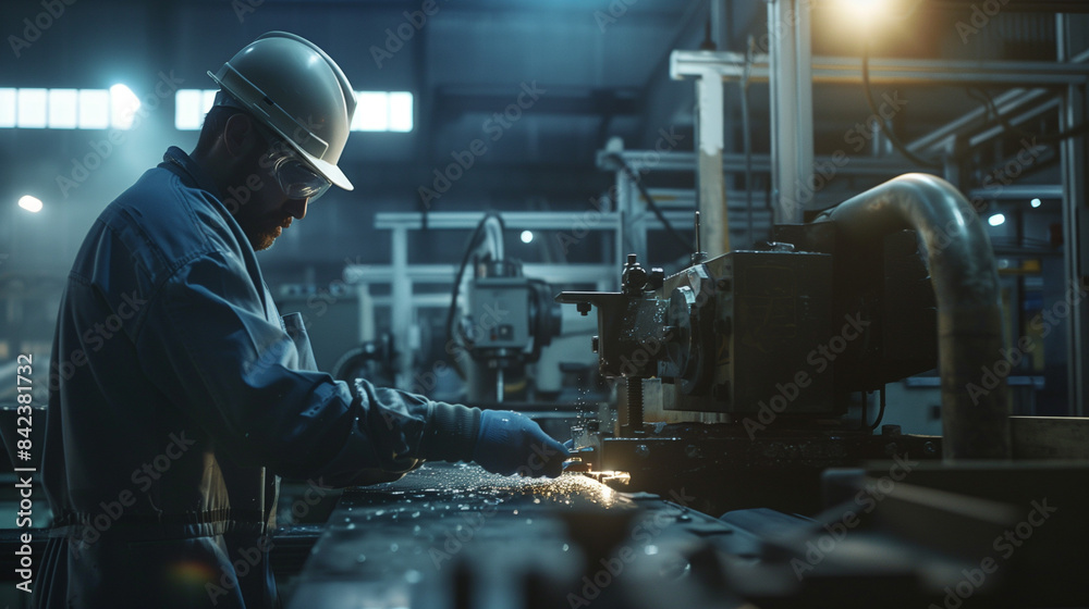 Factory worker operating machinery in a modern industrial setting, showcasing the worker's expertise and the advanced technology used in contemporary manufacturing Factory worker operating machinery in a modern industrial setting, showcasing the worker's expertise and the advanced technology used in contemporary manufacturing