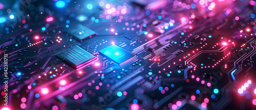 Closeup of digital circuit board with vibrant blue, green, and purple lights