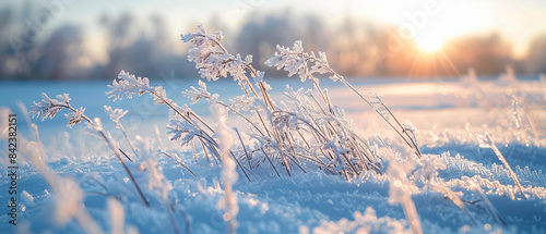 Closeup of frosty grasses in a snowcovered field photo