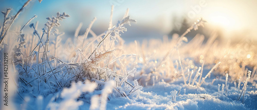 Closeup of frosty grasses in a snowcovered field photo