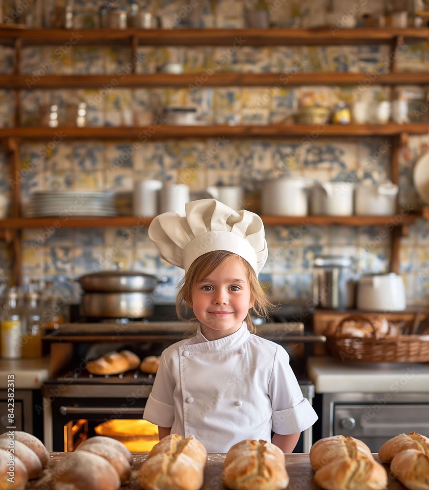 Child chef working in bread baking room generative ai Child chef working in bread baking room generative ai