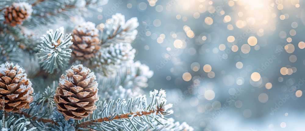 Closeup of frosty pine cones on a snowladen branch with a blurred snowy background Closeup of frosty pine cones on a snowladen branch with a blurred snowy background
