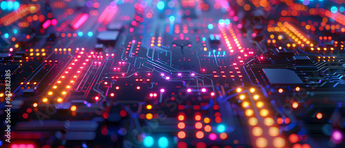 Closeup of hightech circuit board with multicolored glowing components photo