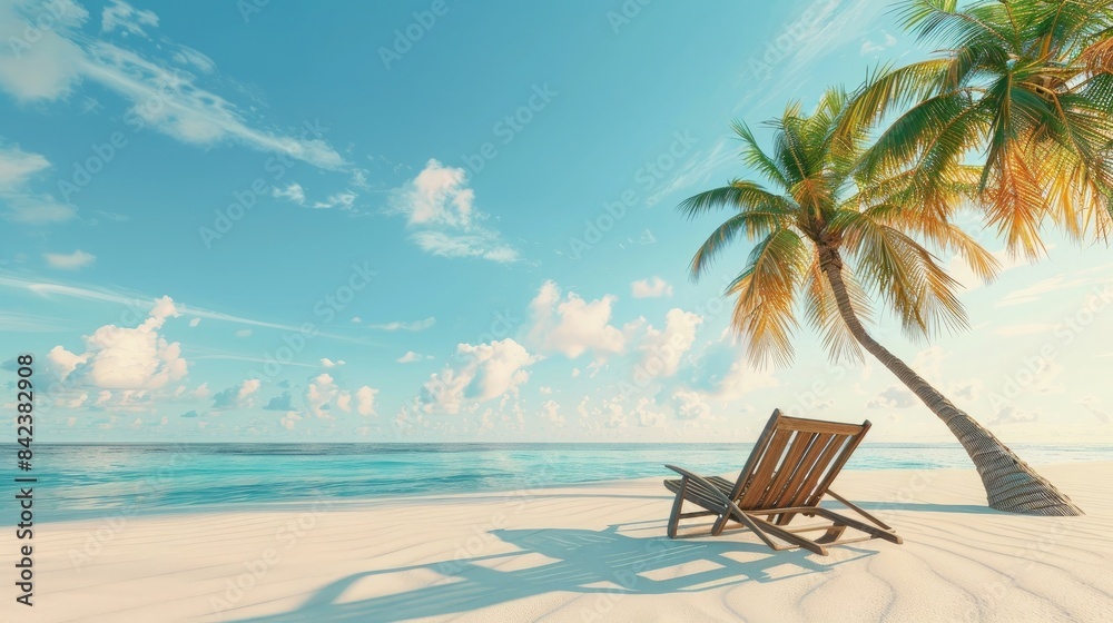 Two deck chairs under the palm tree on beautiful sand beach with copy space. Summer vacation background. 3D Rendering, 3D Illustration