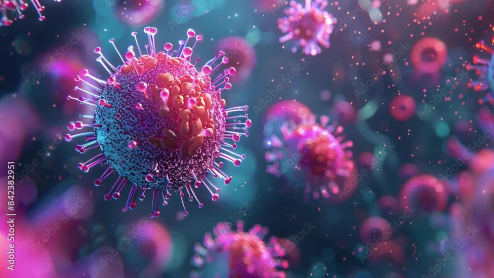 Viruses in infected organism. Microscopic view of influenza virus cells. Microbiology And Virology Concept. abstract 3d viruses. Health threatening virus. Realistic deadly virus model. 