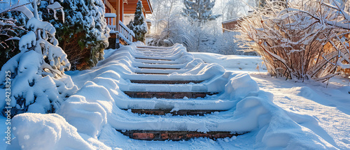 Closeup of snowcovered steps leading to a house with a snowy yard photo