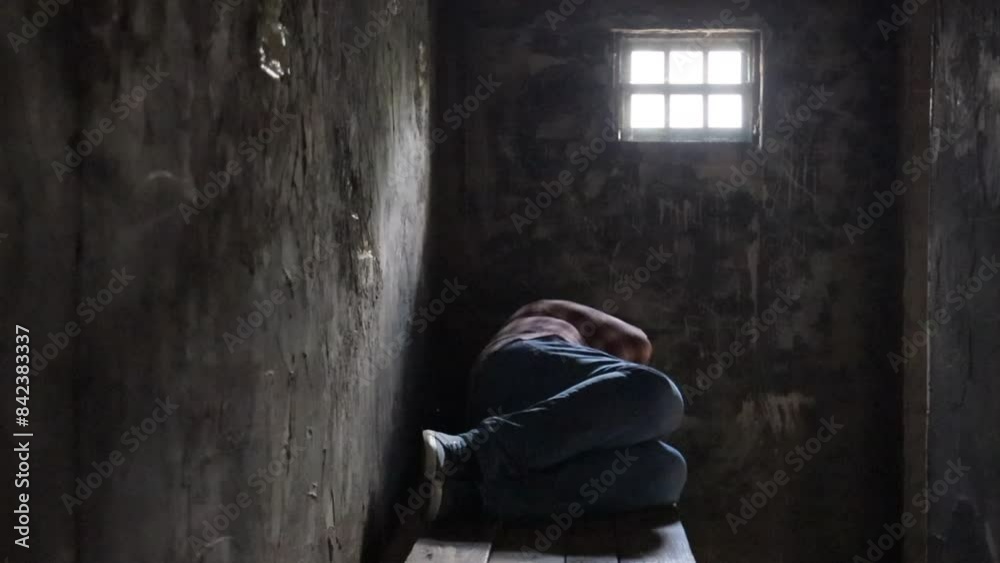 a man lying in a dungeon on a wooden couch a man lying in a dungeon on a wooden couch