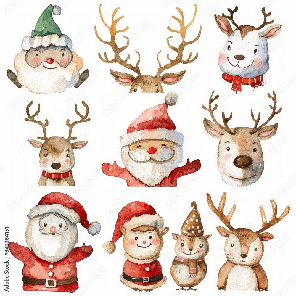 A charming watercolor collection featuring a set of cute Christmas characters. A charming watercolor collection featuring a set of cute Christmas characters.