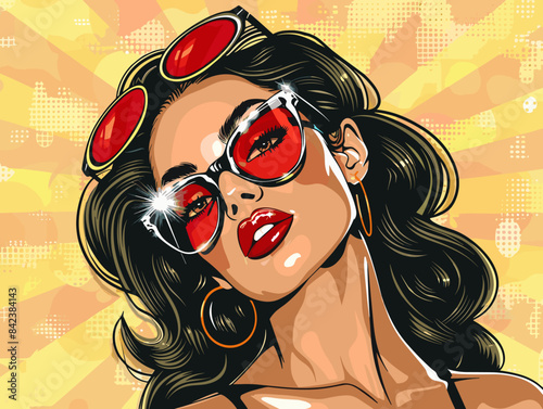 A woman with red sunglasses and red lipstick is the main focus of the image. The woman is wearing a yellow shirt and has a red and gold background. The image has a pop art style and a bright