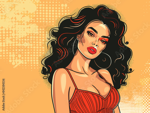beautiful brunette woman with long hair , retro style pop art pin up, flat vector illustration