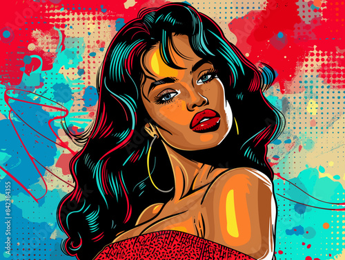 beautiful brunette woman with long hair , retro style pop art pin up, flat vector illustration