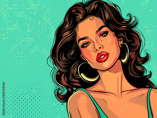 A woman with long hair and red lipstick is the main focus of the image. The background is a bright green color, which adds a pop of color to the scene. The woman's outfit is also eye-catching