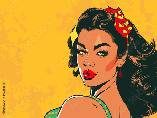 beautiful brunette woman with long hair , retro style pop art pin up, flat vector illustration
