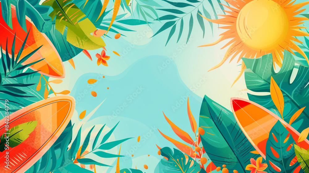 Abstract background with tropical beach elements like surfboards and ...