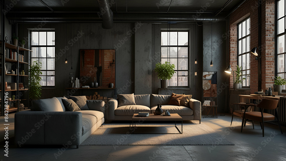 3D render of a living room loft designed in an industrial style, featuring exposed brick walls and modern furnishings for a contemporary look. 3D render of a living room loft designed in an industrial style, featuring exposed brick walls and modern furnishings for a contemporary look.