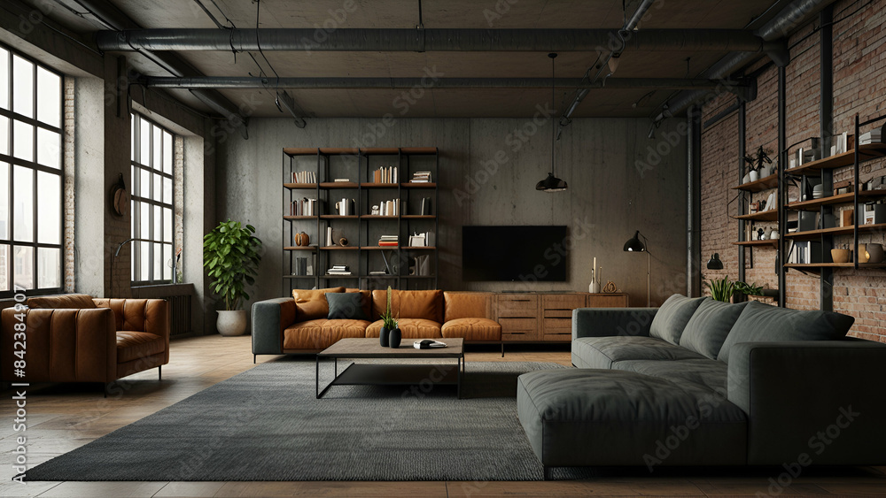 3D render of a living room loft designed in an industrial style, featuring exposed brick walls and modern furnishings for a contemporary look. 3D render of a living room loft designed in an industrial style, featuring exposed brick walls and modern furnishings for a contemporary look.