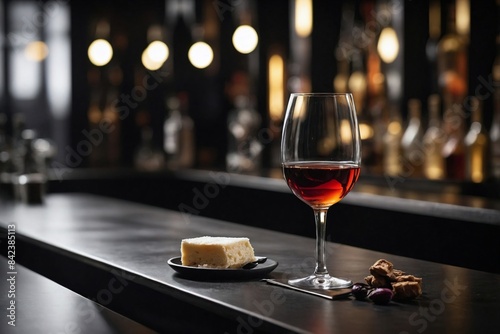 Modern Bar Vibe: a glass of fortified wine on a sleek, dark bar top with minimalist design elements. photo