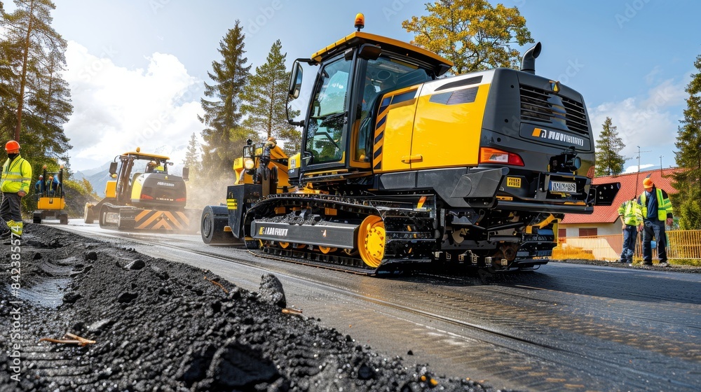 Authentic portrayal of engineers and workers actively engaged in road construction project Authentic portrayal of engineers and workers actively engaged in road construction project