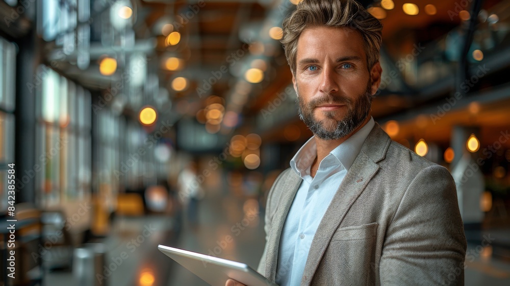 Confident Businessman in Formal Attire with Digital Device Confident Businessman in Formal Attire with Digital Device