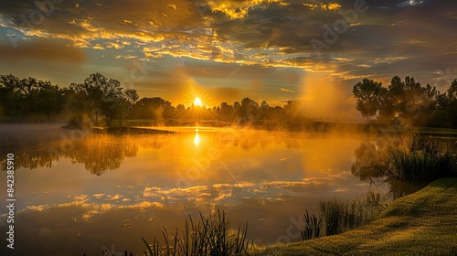 Sunrise casting golden light over a tranquil golf course