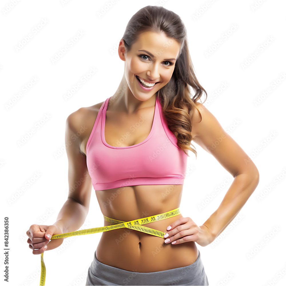 happy woman measures her slim waist with tape mean transparent background happy woman measures her slim waist with tape mean transparent background