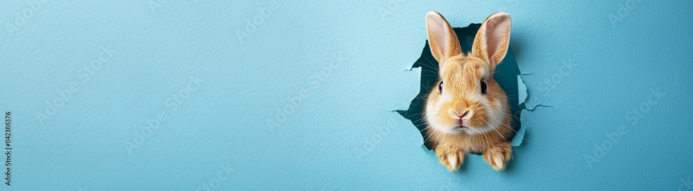 Obraz premium Happy Easter Day, bunny peeking out of a hole in paper wall, easter bunny banner, rabbit jump out torn hole 