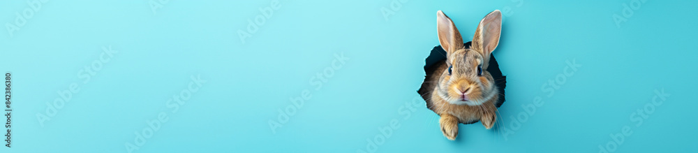 Fototapeta premium Happy Easter Day, bunny peeking out of a hole in paper wall, easter bunny banner, rabbit jump out torn hole 