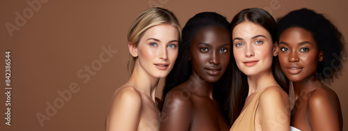  Model women diverse group with shiny brown smooth healthy hair with glowing smooth skin, skin natural beauty for Care and hair products, Cosmetology concept, advertising natural cosmetics