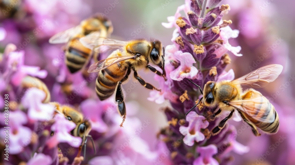 A group of bees flying in a field of flowers