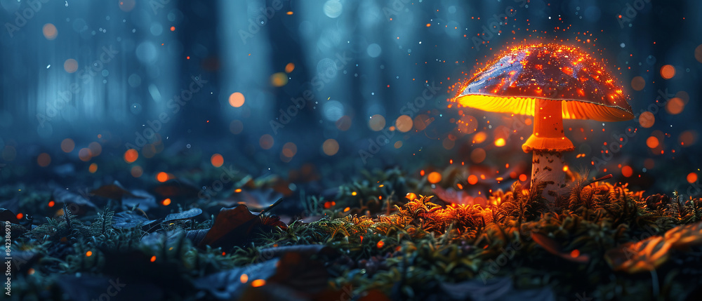 Naklejka premium Dense forest floor lit up by a single vibrant glowing bioluminescent mushroom in the dark