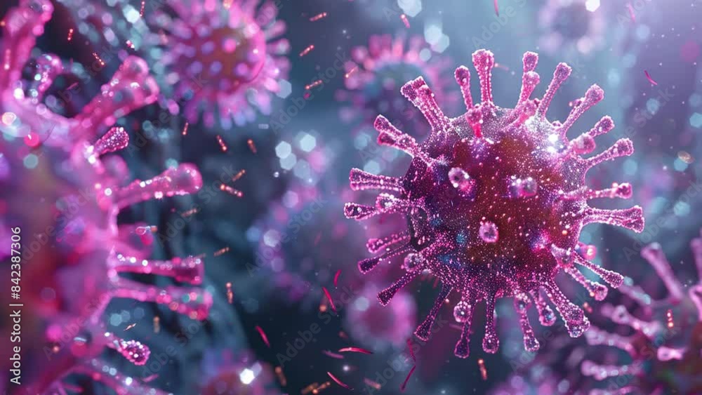 Dangerous virus. Microscopic view of floating influenza virus cells. Viruses in infected organism. Health threatening virus. Microscope virus close up. Microbiology and virology. 4K Videos Dangerous virus. Microscopic view of floating influenza virus cells. Viruses in infected organism. Health threatening virus. Microscope virus close up. Microbiology and virology. 4K Videos
