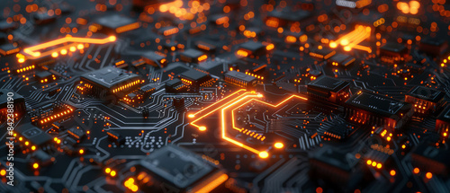 Dynamic closeup of glowing pathways and components on a circuit board