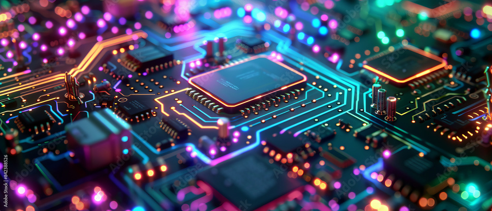 Obraz premium Dynamic visual of circuit board with glowing blue, green, and purple components