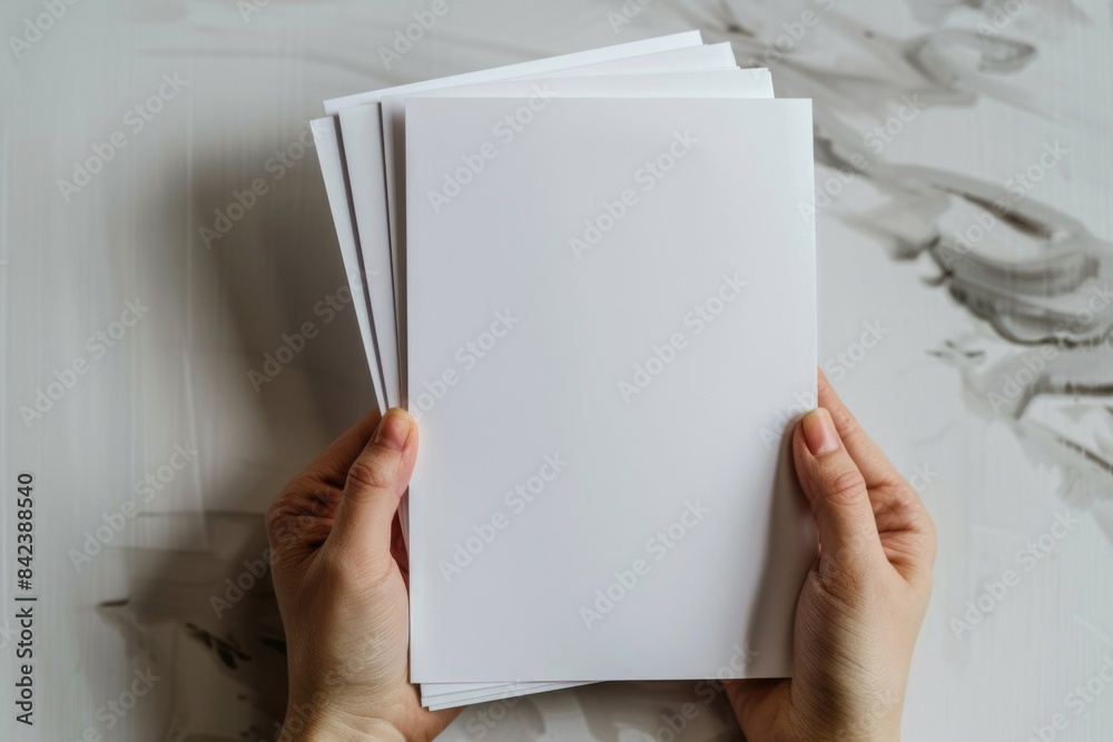 Blank paper mockup on hand created with generative AI Blank paper mockup on hand created with generative AI