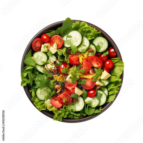 Top view of Healthy fresh ingredients salad bowl isolated on transparent background.