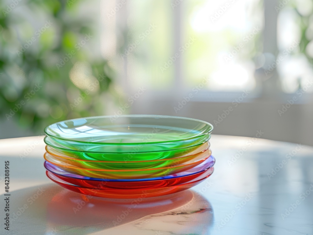 Colorful Glass Plates Mockup on White Dining Table with Blurred Background Colorful Glass Plates Mockup on White Dining Table with Blurred Background