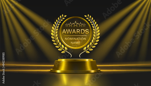 Awards nomination name podium, golden prize event, scene star ceremony. Vector illustration