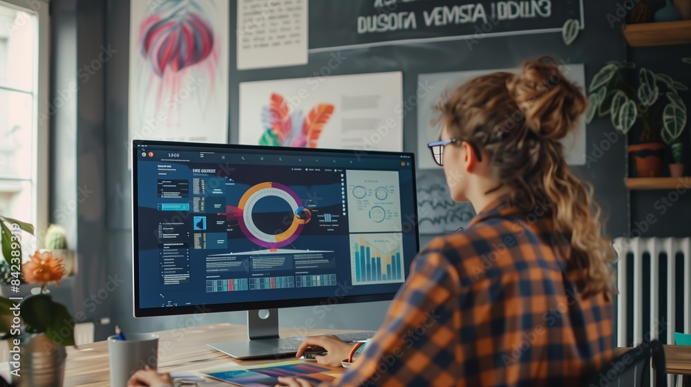 An artsy office corner has a blogger crafting an infographic on a large monitor, with an inspiring quote on the wall.