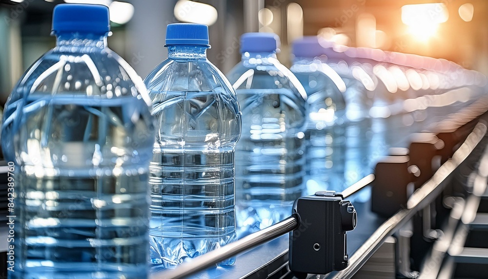 Drinking water production line in factory, a row of drinking water in plastic bottles in close up shot. Drinking water production line in factory, a row of drinking water in plastic bottles in close up shot.