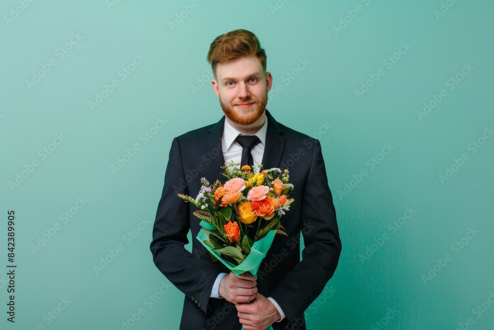 Young man in suit holding bouquet of flowers standing against a colored background Young man in suit holding bouquet of flowers standing against a colored background