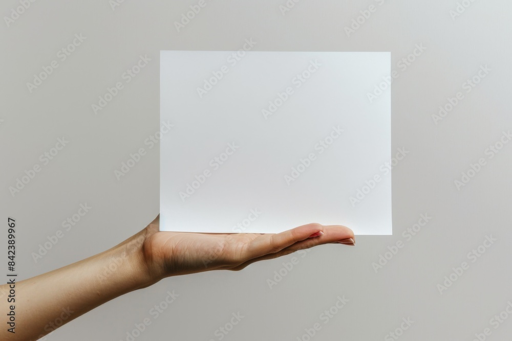 Blank paper mockup on hand created with generative AI Blank paper mockup on hand created with generative AI