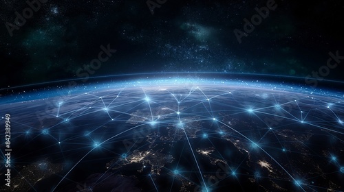 An image displaying the Earth at night with digital network connections illustrating global connectivity