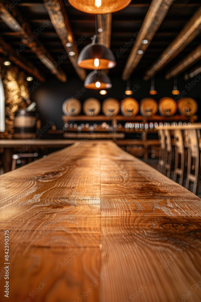 An elegant, polished oak tasting table in the foreground with a blurred background of a high-end whisky distillery. The background includes rows of oak barrels. An elegant, polished oak tasting table in the foreground with a blurred background of a high-end whisky distillery. The background includes rows of oak barrels.