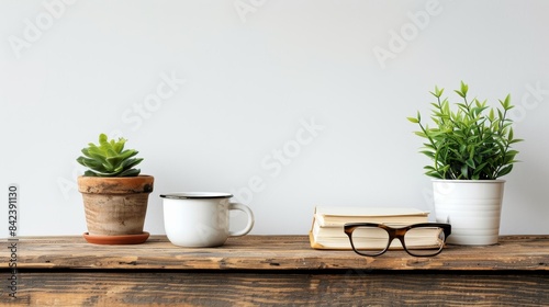Wallpaper Mural Author’s Glasses and Coffee Cup on Wooden Desk, Isolated Against White Background, Evoking a Calm and Focused Workspace Ambiance Torontodigital.ca